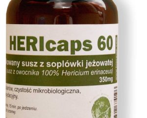 Butelka zawierajaca 60 kapsułek zmielonego suszu soplówki jeżowatej