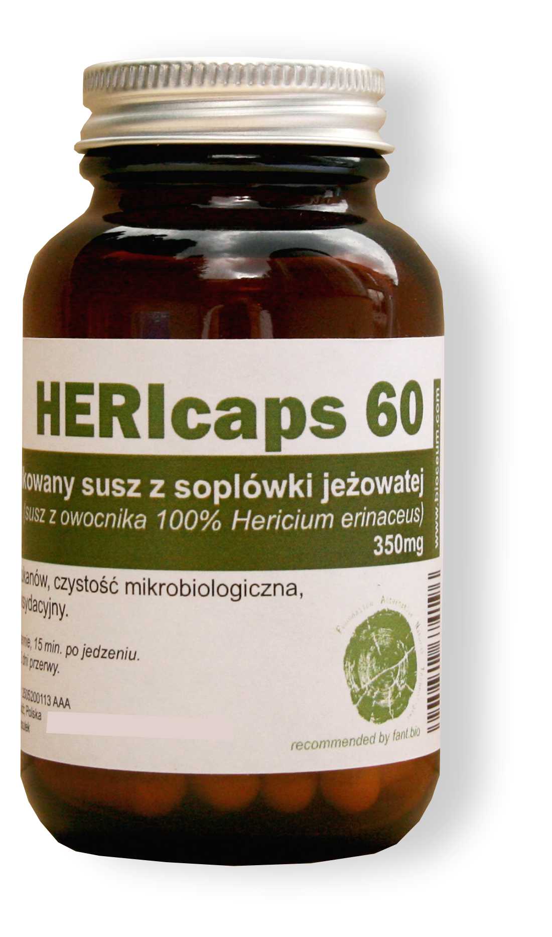 Butelka zawierajaca 60 kapsułek zmielonego suszu soplówki jeżowatej